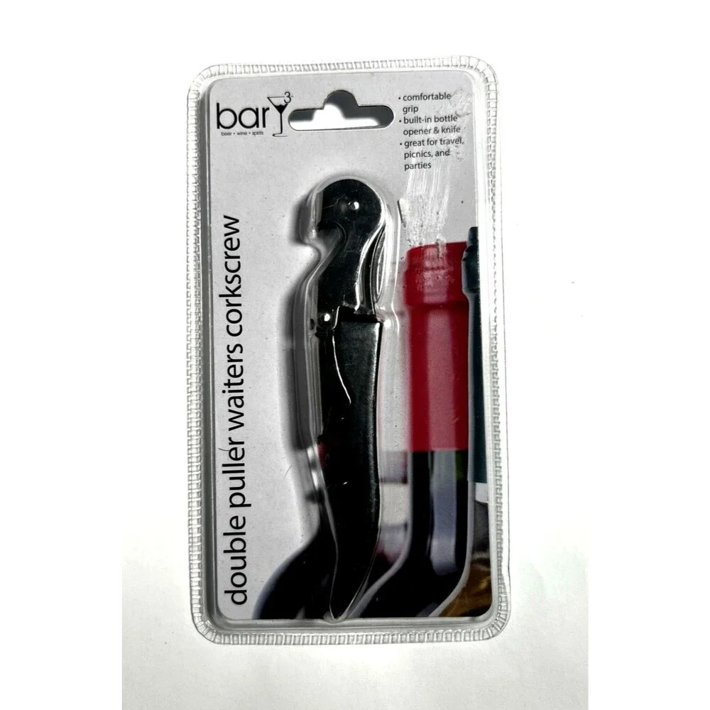 BarY3 BAR 0496 Double Puller Waiter's Friend Corkscrew Wine Opener, Black Silver